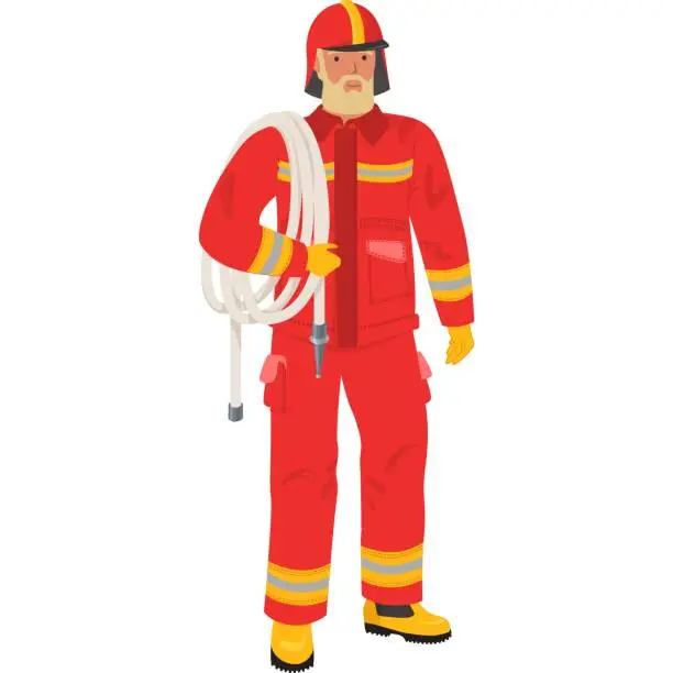 Vector illustration of Man firefighter holding hose on shoulder vector icon