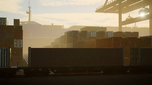 istock Container Train Leaving Port, Containers In Port Are Unloaded From Cargo Ship, Container Transport By Freight Train And Trucks 1487910693