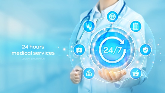 24 hours medical servises. 24-7 Medical call center. Emergency patient support. First aid. Doctor holding in hand 24x7 sign and medicine icons network connection on virtual screen Vector illustration