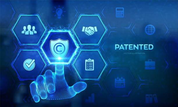 istock Patented. Patent Copyright Law. Copyright. Author rights, patented intellectual property business technology concept on virtual screen. Wireframe hand touching digital interface. Vector illustration. 1487913203