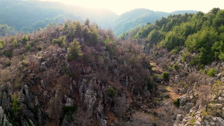 Aerial view ancient city of Selge in Antalya, “Adam Kayalar” means “Man Rocks”, Rocky Landscape of Antalya, Adamkayalar on the Antalya St. Paul walking path, the village as a result of geological formation, the best hiking route in the world,