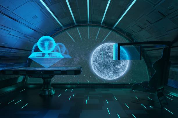 istock 3D rendering of space, spaceship inside, view from window of blue planet, pilot seat and table with halogram. future technologies, journeys to other worlds 1487914312