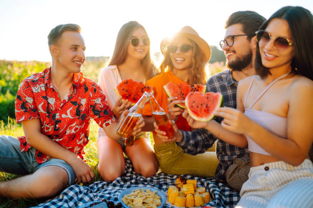 felice groop di amico che riposa nella natura nel picnic. - picnic watermelon summer food foto e immagini stock