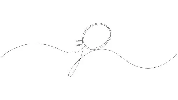 Vector illustration of Continuous one line drawing of tennis sport theme with racket and ball. Sign and symbol of sports game drawn by single line.