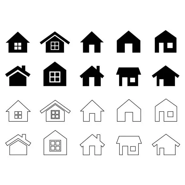 Vector illustration of Collection home icons. House symbol. Set of real estate objects and houses black icons isolated on white background. Vector