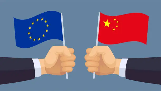 Vector illustration of European Union and Chinese Flags. European Union and Chinese Symbols. Hand holding waving flag.