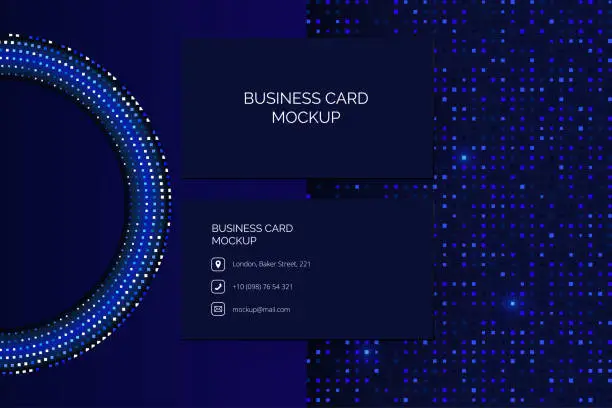 Vector illustration of Futuristic and luxurious vector business card mockup template. The glossy shine and particles on a blue background, modern and stylish design, perfect for corporate presentations of identity cards .