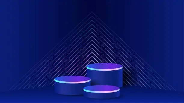 Vector illustration of Neon blue geometric shapes on a black background create a futuristic and vibrant scene. This vector image is perfect for showcasing products on a stage, podium, or display platform. Studio background