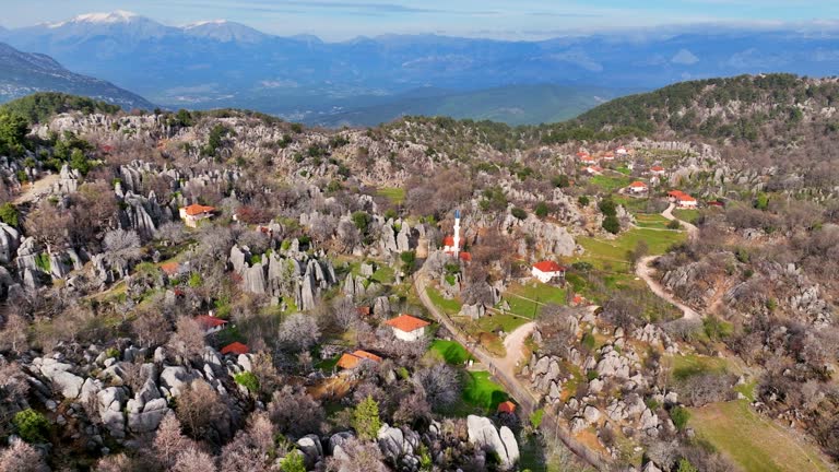 Aerial view ancient city of Selge in Antalya, “Adam Kayalar” means “Man Rocks”, Rocky Landscape of Antalya, Adamkayalar on the Antalya St. Paul walking path, the village as a result of geological formation, the best hiking route in the world,