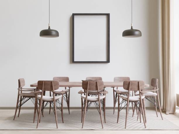 istock 3D rendering of a modern dining room with comfortable chairs and table 1487920894