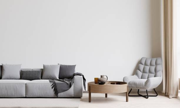 istock 3D rendering of a modern living room with a comfortable sofa against the wall 1487920958