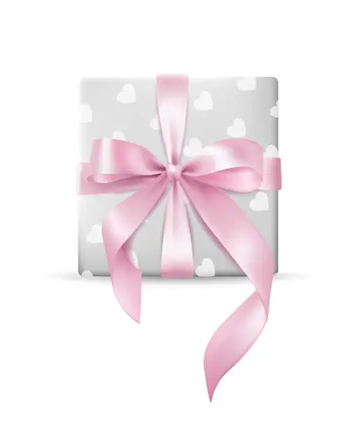 Vector illustration of 3D vector illustration of a silver gift box with a bow on a white background for anniversaries, birthdays. The box are adorned with shiny pink ribbons and wrapped in paper with pattern with hearts