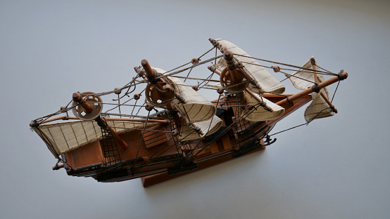Model of sailing ship made of wood on a souvenir stand top view