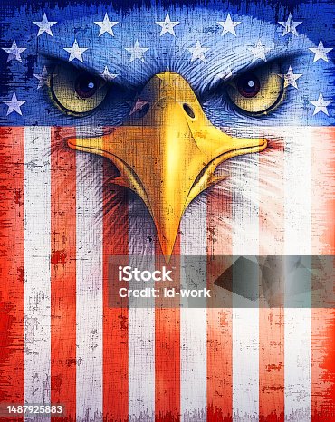 istock Bald eagle with USA flag 1487925883