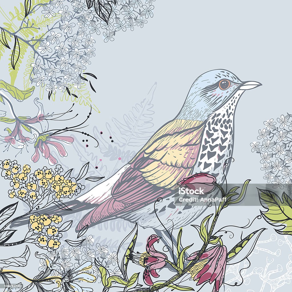 vector floral illustration of a bird with flowers hand-drawn vector floral illustration of a forest bird with blooming flowers on a grey background Beauty In Nature stock vector