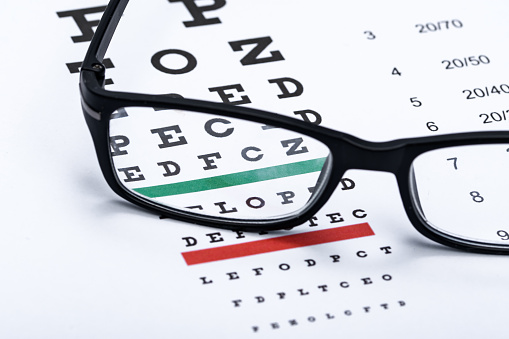 Glasses for the correction of vision defects with black frames lying on the Snellen chart used for eye examination