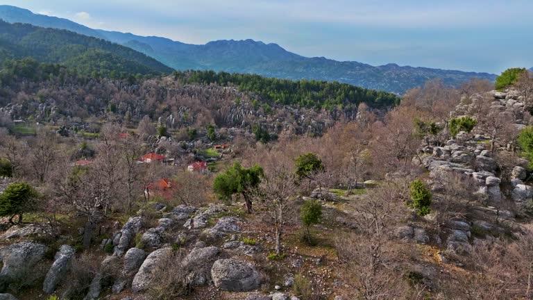 Aerial view ancient city of Selge in Antalya, “Adam Kayalar” means “Man Rocks”, Rocky Landscape of Antalya, Adamkayalar on the Antalya St. Paul walking path, the village as a result of geological formation, the best hiking route in the world,