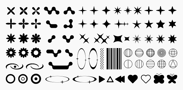 Big collection of Y2K abstract symbols and design elements, retro vector icons and signs set.