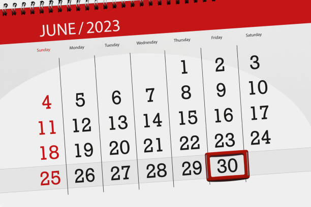 kalender 2023, frist, tag, monat, seite, veranstalter, datum, juni, freitag, nummer 30 - june calendar page personal organizer stock-grafiken, -clipart, -cartoons und -symbole