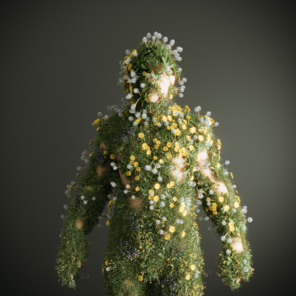 An abstract human body made out from grass, meadows and flowers. (3d render)