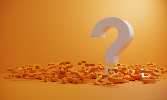 White big colored question mark standing in the middle of orange colored ones. ( 3d render )