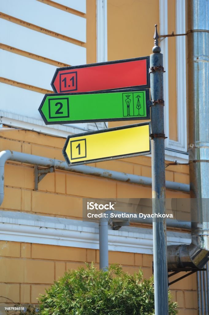 direction indicator Multicolor traffic direction sign on city streets Architecture Stock Photo