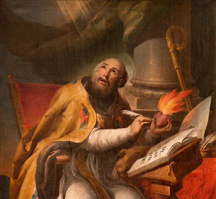 Valencia - The baroque painting of St. Augustine in the Cathedral after original by Claudio Coello (1642-1693).