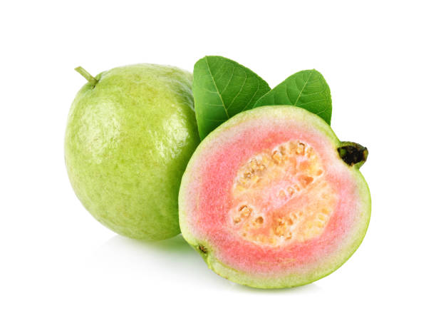 istock Pink guava fruit isolated on white background 1487937579