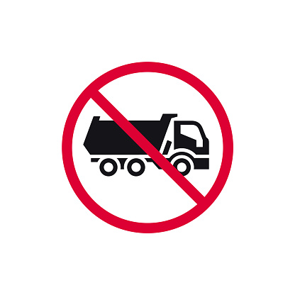 No dumping cargo prohibited sign, dump truck forbidden modern round sticker, vector illustration.