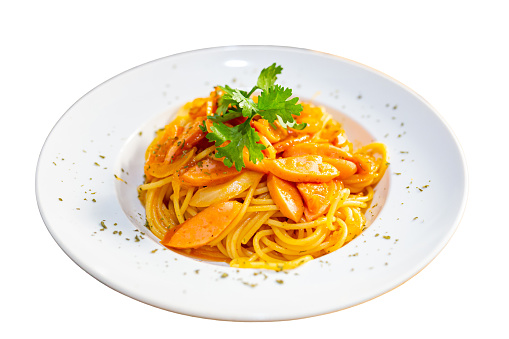 Smoke Sausage Spaghetti Pasta Ceramic Dish Cut Out White Background High Resolution Stock Photo