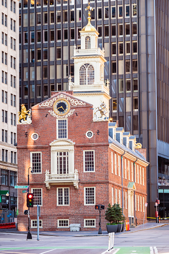 View of Boston in Massachusetts, USA at Government Center showcasing its mix of contemporary and historic building with the colonial Massachusetts, State House in the frame.