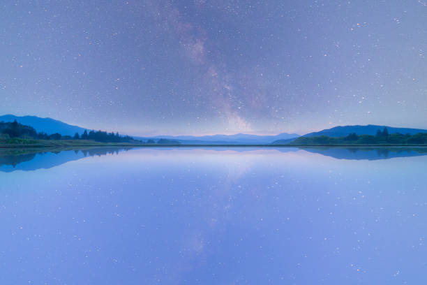 istock Beautiful nightscape with starry night milkyway reflection on the water. 1487940710