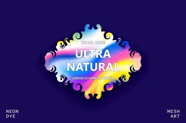 Vector illustration of Trendy design for label, sticker or signboard. Organic fluid frame with neon flow filling. Mixing iridescent colors. Vector template