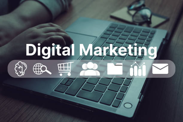 istock Woman use laptop with Digital Marketing VR interface. 1487948927