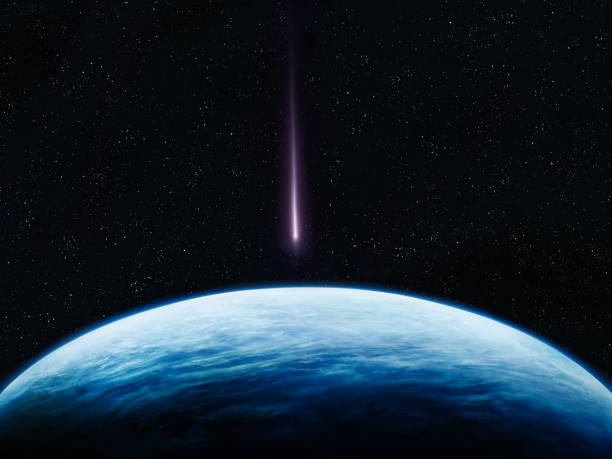 Comet in dangerous proximity to our planet. A meteorite is approaching Earth. Space object above the Earth's disk, view from orbit.