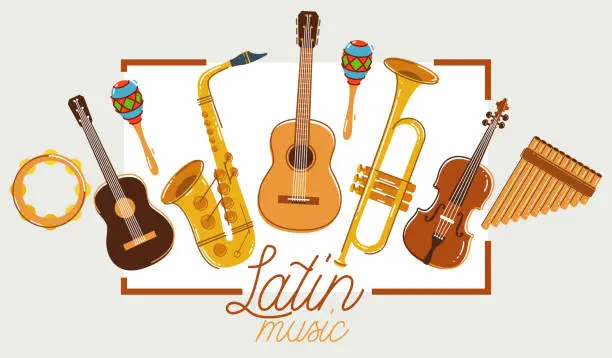 Vector illustration of Latin music band salsa vector flat poster isolated over white background, live sound festival concert or night dancing party, Brazil or Cuban musical fiesta theme advertising flyer or banner.