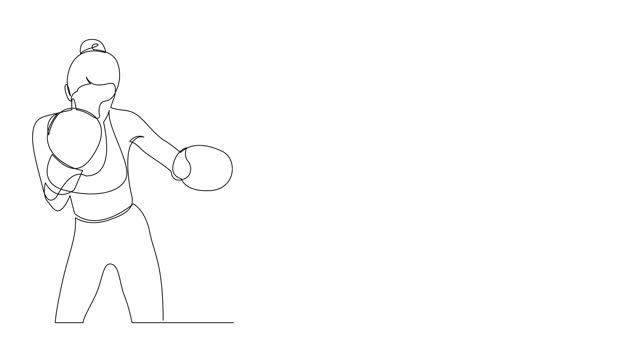 Self drawing animation of one continuous line young sporty woman boxer pose punch elegantly. Competitive combat sport concept. Dynamic single line drawing for boxing match promotion.