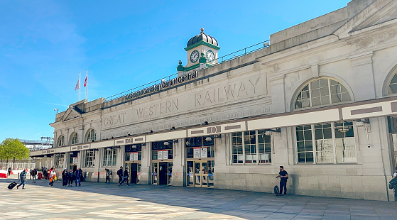 Cardiff, Wales - April 2023: Entrance to Cardiff Central railway station in the city centre, a historic building by Isambard Kingdom Brunel