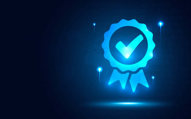 illustrazioni stock, clip art, cartoni animati e icone di tendenza di medaglia futuristica del premio badge e simbolo del marchio di garanzia aziendale per lo sfondo della tecnologia astratta della trasformazione digitale online. tecnologia innovativa e concetto di big data. illustrazione vettoriale - qualità