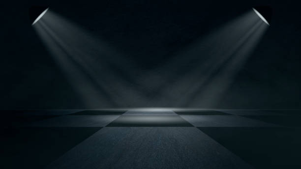 istock The dark stage shows, dark blue background, an empty dark scene, neon light, and spotlights The concrete floor and studio room with smoke float up the interior texture for display products 1487958573
