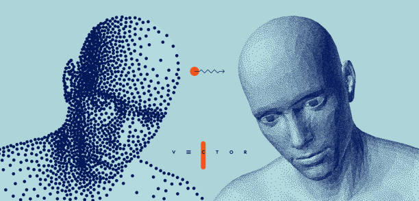 istock Two opponents facing each other. People talk face to face. Illustration of the communication between two humans. Mind reading concept. Battle with yourself. Vector in oarse and fine style. 1487960187