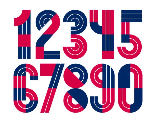Vector illustration of Geometric numbers set, vector digits, retro 90s style trendy numerals made with geometry elements, lined stripy design.