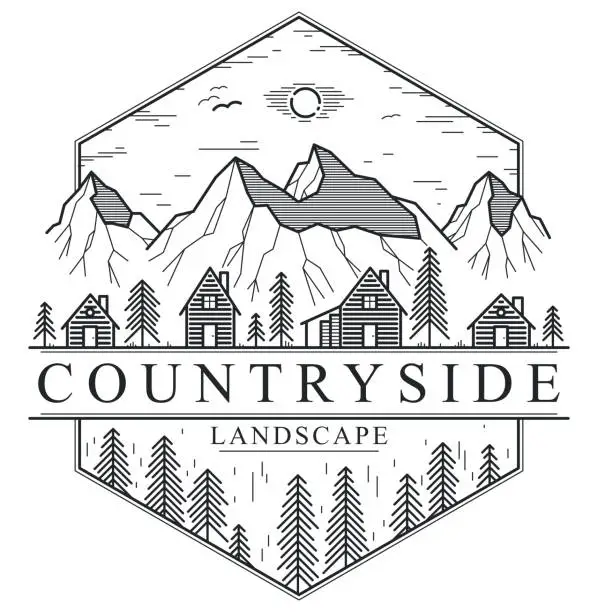 Vector illustration of Rural village in mountains range linear vector emblem isolated on white, wooden houses in trees forest line art logo, countryside log cabins cottages, travel in wilderness for rest.