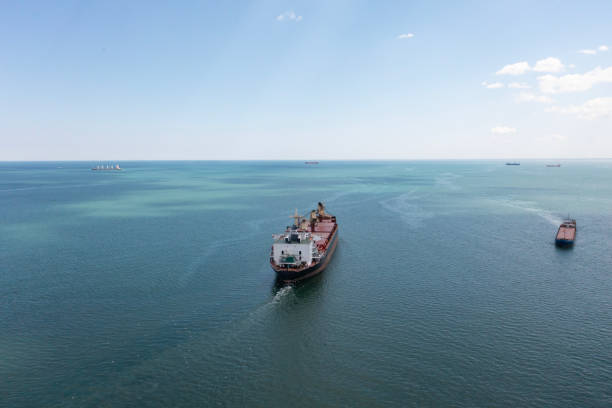 istock Aerial view of cargo ship in transit. 1487961858