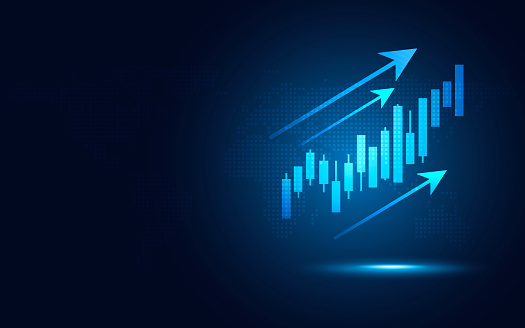 Futuristic blue glowing rising arrow chart digital transformation abstract technology background. Big data and business growth currency stock and investment economy. Vector illustration