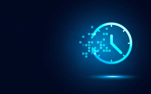 미래의 시간 시계 바늘과 시계 얼굴은 디지털 변환 추상 기술 배경입니다. 비즈니스 성장, 통화, 주식 타이머 및 투자 �경제. 벡터 그림 - clock urgency time minute hand stock illustrations
