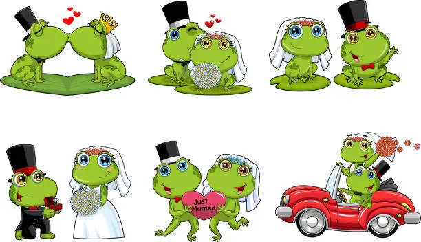 Vector illustration of Cute Frogs Cartoon Characters Newlyweds. Vector Hand Drawn Collection Set