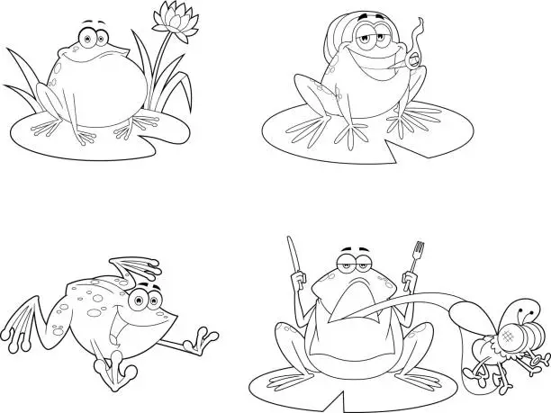 Vector illustration of Outlined Frog Cartoon Characters. Vector Hand Drawn Collection Set