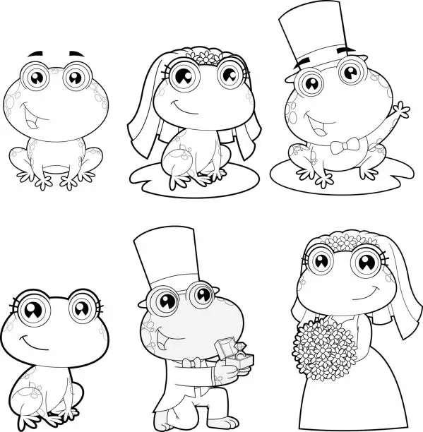 Vector illustration of Outlined Cute Frogs Cartoon Characters Newlyweds. Vector Hand Drawn Collection Set