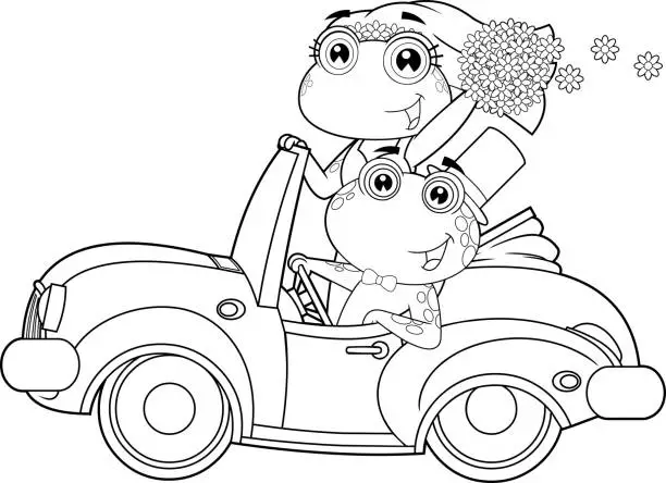 Vector illustration of Outlined Just Married Frogs Cartoon Characters In Car